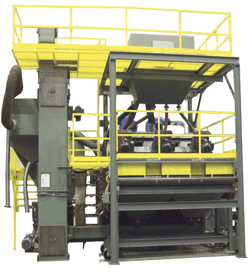 Airless wheel blast cleans tower steel plate and completed sections.